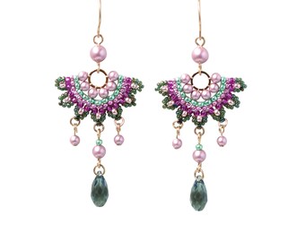 Handmade Green and Pink Beaded Chandelier Earrings, Unique Fashion Accessory for Women, Perfect for Special Occasions