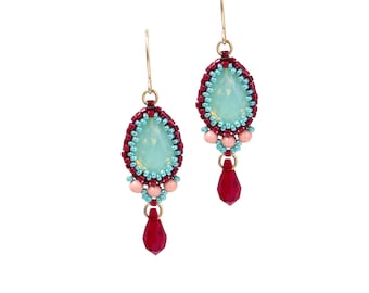 Swarovski Turquoise and red teardrop earring, Colorful hand beaded earrings for women