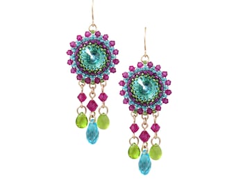 Statement Swarovski crystal chandelier earrings, Colorful turquoise-pink-green beaded earrings, Multi color sparkling fashion earrings