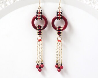 Red and black earrings, Long Fringe earrings, Acrylic hoop earrings, Trendy earrings with beads, Handmade earrings beaded, Seed bead earring