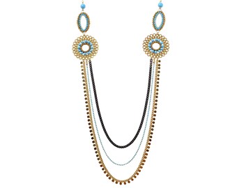 Collier tendance multicouche en or avec longues perles bleues - Design unique à trois couches pour des occasions spéciales, cadeaux tendance pour femme
