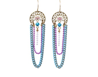 Colorful chandelier earrings, Dangle chain earrings, Swarovski crystal and pearl earrings, Turquoise and pink earrings, Party earrings
