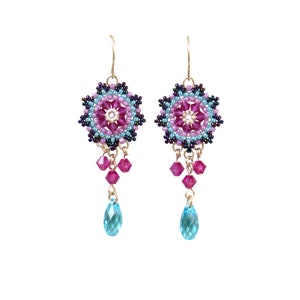 Colorful flower beaded earrings, Swarovski crystal turquoise and pink drop earrings, Cute dangle beaded earrings