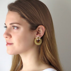 Large stud earrings, Hoop stud earrings, Flower stud earrings gold,  Big stud earrings, mustard, white, and gray beaded earrings