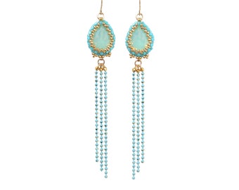 Long turquoise dangle earrings, Swarovski teardrop earrings, Turquoise tassel earrings, Statement earrings lightweight