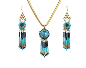 Boho jewelry turquoise and gold, Blue jewelry set, Fringe necklace and earring, Beaded tassel necklaces for women, Tribal style jewelry