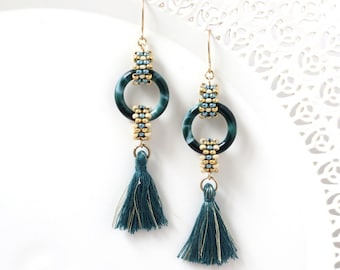 Acrylic hoop earrings, Long tassel earrings, Dark green earrings, Trendy earrings with beads, Handmade earrings beaded, Seed bead earring