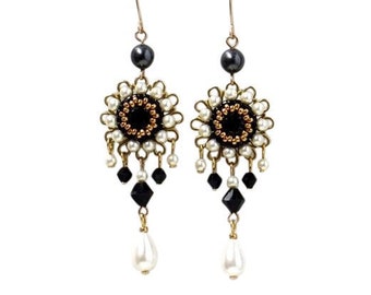 Swarovski Crystal and Pearl Drop Earrings, Black and White Chandelier Style, Unique Handmade Beaded, Fashion Jewelry for Special Occasions