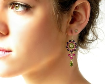 Dangle earrings women, Swarovski crystal beaded earrings, Boho chandelier earrings, Green drop earrings, Colorful earrings, Gift for wife