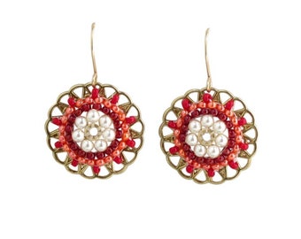 Red and pearl earrings dangle, Gold Round earrings, Fashion earrings, Bohemian earrings, Mandala earrings for women, Handmade beaded earring