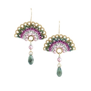 Swarovski Crystal and Pearl Beaded Gold Drop Earrings, Fashion Green and Pink Fan Design, Unique Gifts for Women, Handmade Beaded Jewelry