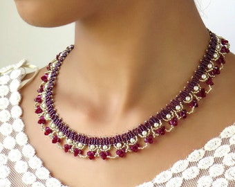 Swarovski pearl and crystal necklace, Statement Red beaded necklace, Burgundy special occasion jewelry, fashion necklaces for women