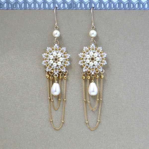 Boucles d'oreilles de mariée bohèmes, boucles d'oreilles pendantes de mariage, boucles d'oreilles longues chaîne en or, boucles d'oreilles en perles pour mariage, boucles d'oreilles formelles