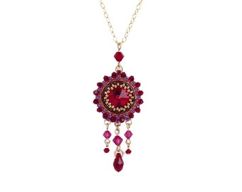 Red pendant necklace, Chandelier necklace, Swarovski crystal necklace