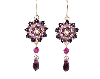 Swarovski Purple Crystal Boho Chic Drop Earrings, Fashion Beaded Seed Bead Jewelry, Unique Women's Gift Ideas