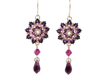 Swarovski Purple Crystal Boho Chic Drop Earrings, Fashion Beaded Seed Bead Jewelry, Unique Women's Gift Ideas