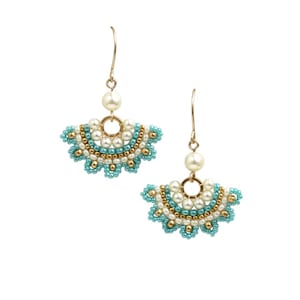 Turquoise and pearl earrings gold, Turquoise wedding earrings, Fan earrings, Seed bead earring, Handmade beaded earrings