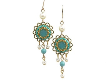 Turquoise Gold Floral Chandelier Earrings, Vintage Style Dangle for Women, Romantic Gift, Unique Handmade Jewelry