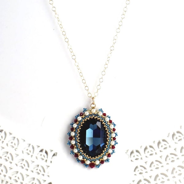 Dark blue swarovski crystal and pearl pendant necklace, Vintage style necklace, Long necklace for women, Beaded antique style jewelry