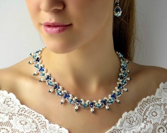 Blue wedding necklace, Swarovski crystal and pearl statement bridal necklace, Mother of the bride jewelry set, Beaded sparkly fancy necklace