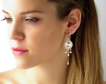 Pearl chandelier bridal earrings ,Champagne wedding earrings, Long dangle earrings gold, Swarovski pearl and crystal earrings