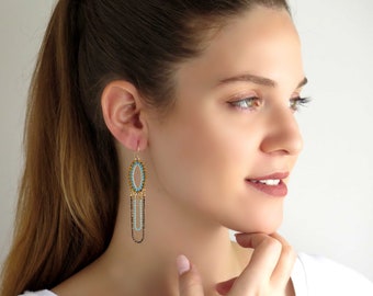 Multi strand earrings, Long beaded earrings, Blue and black earrings, Hoop and chain earrings, Trendy earrings hoop, Seed bead earrings