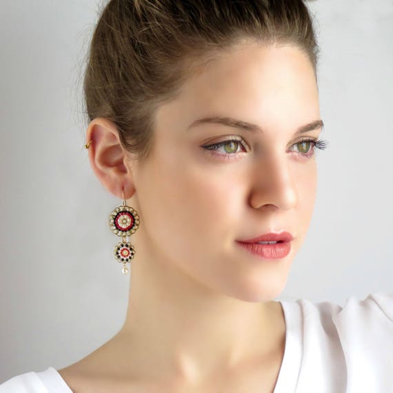Black Red Double Circle Large Beaded Earrings Long Dangle