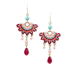 Handmade Green and Pink Beaded Chandelier Earrings, Unique Fashion Accessory for Women, Perfect for Special Occasions Turquoise Red