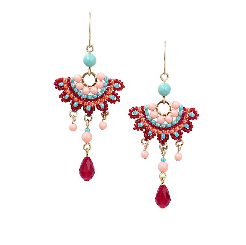 Handmade Green and Pink Beaded Chandelier Earrings, Unique Fashion Accessory for Women, Perfect for Special Occasions Turquoise Red