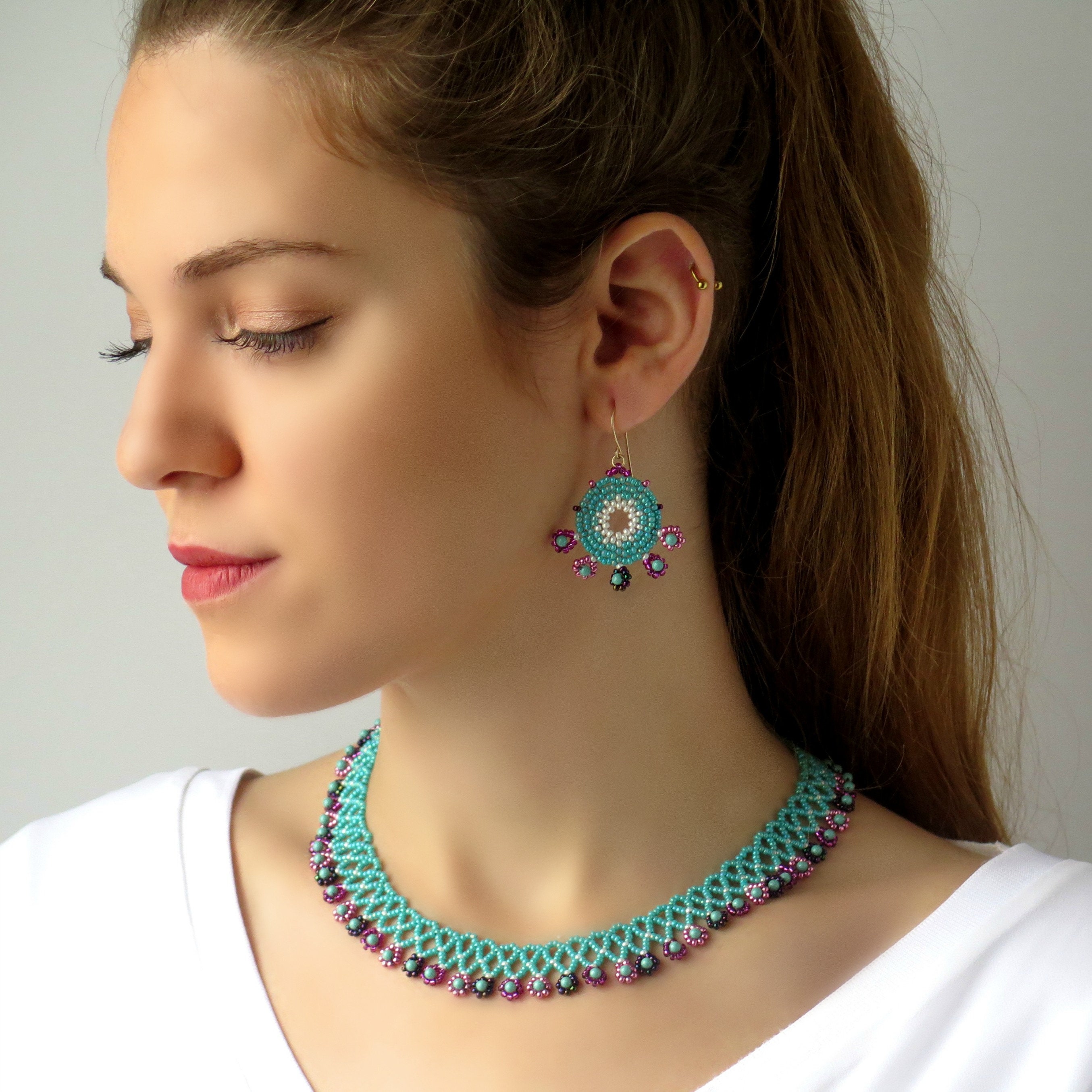 Statement Pink and Turquoise Handmade Beaded Jewelry Set - Etsy