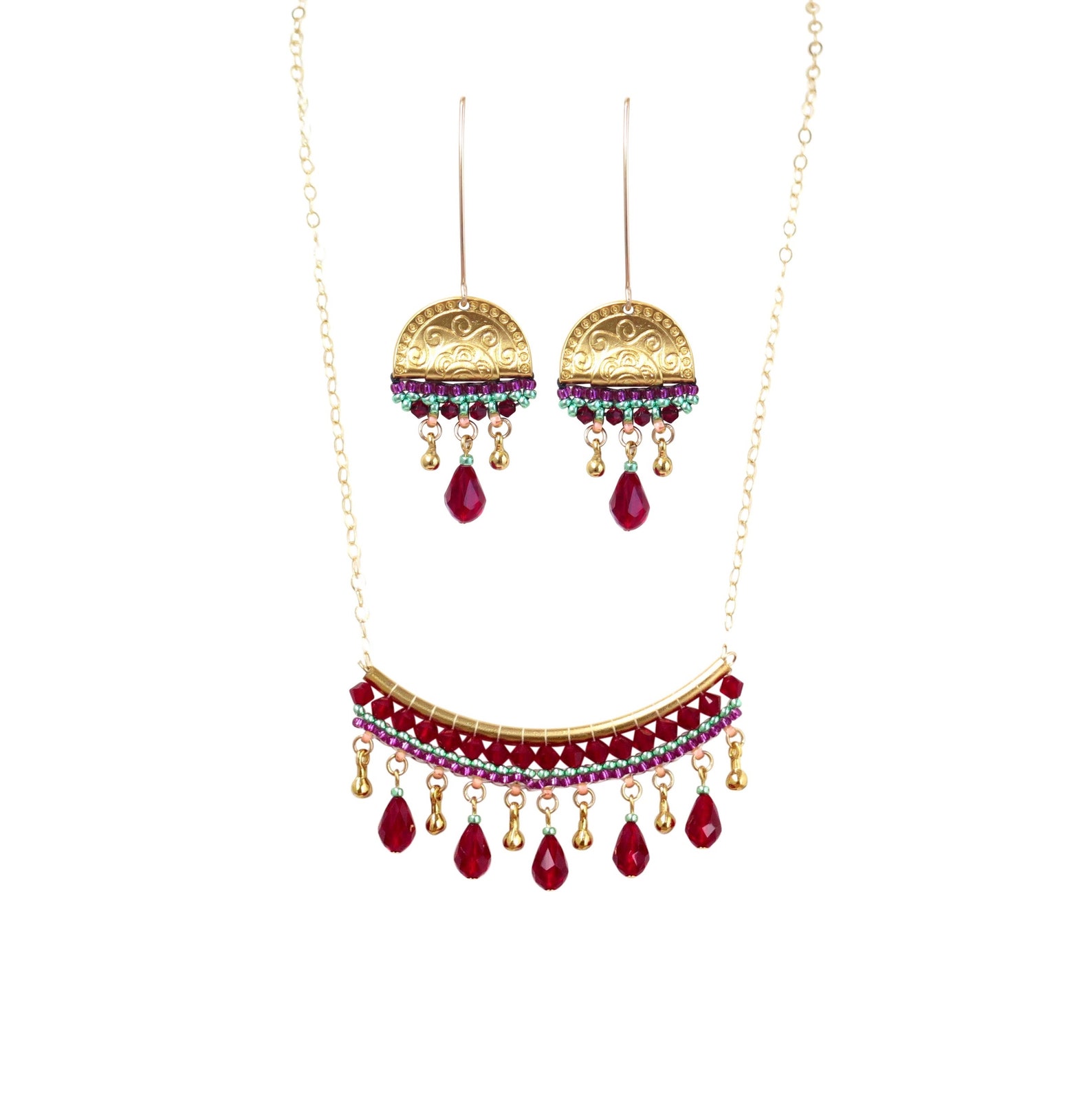 Red and Gold Jewelry Set, Boho Necklace and Earring Set, Jewelry Gift