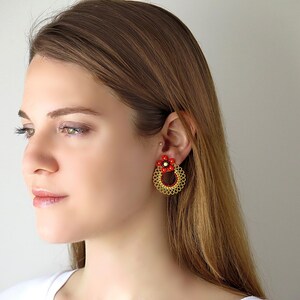 Red and yellow flower large stud earrings, Hoop stud earrings, Floral earrings gold,  Big stud earrings, beaded stud earrings