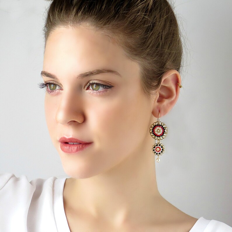 Black & red double circle large beaded earrings, Long dangle earrings, Big funky earrings for women image 2