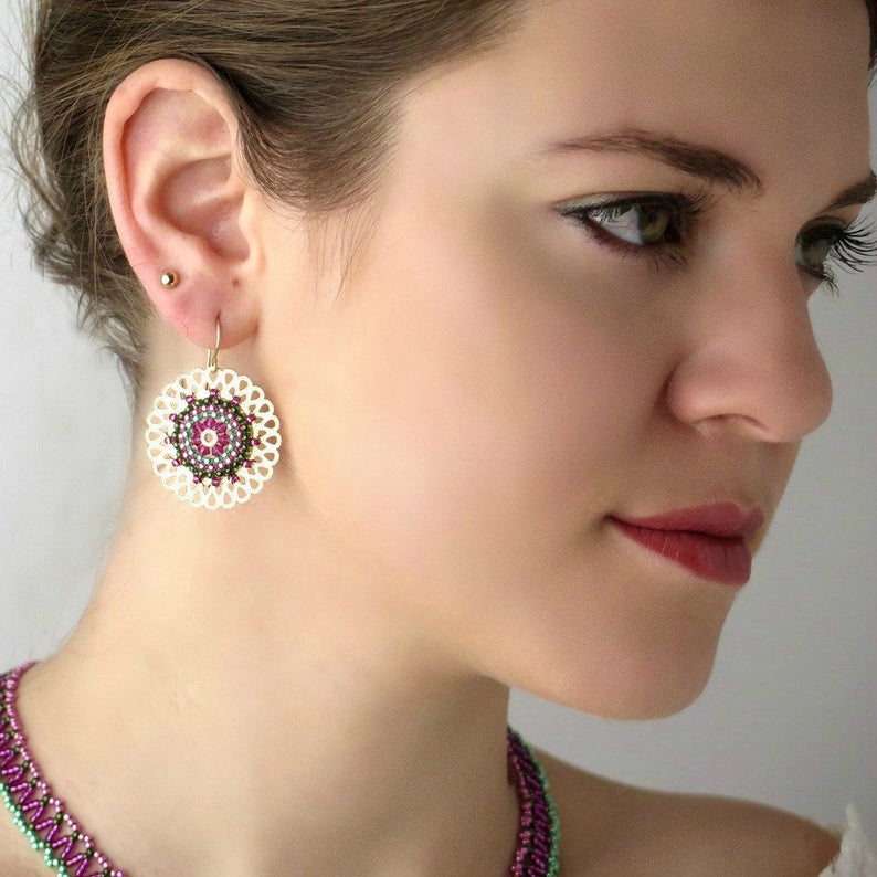Pink and Green Beaded Mandala Jewelry Sets image 5