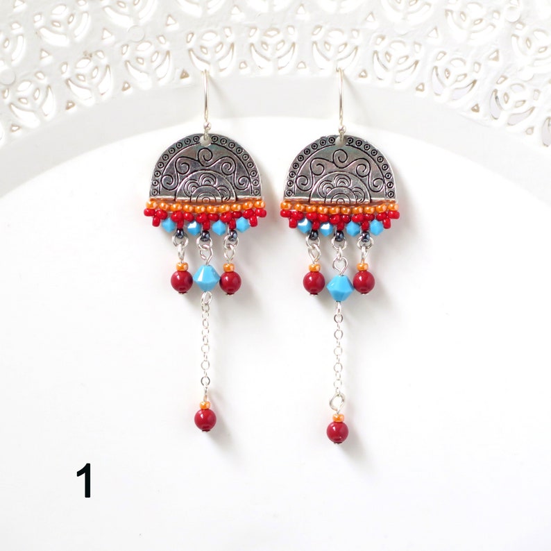 Boho silver and beaded chandelier earrings