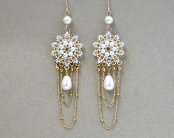 Boho bridal earrings, Wedding dangle earrings, Long chain earrings gold, Statement Drop pearl earrings for wedding, Formal earrings