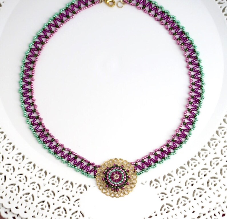 Pink and Green Beaded Mandala Jewelry Sets image 2