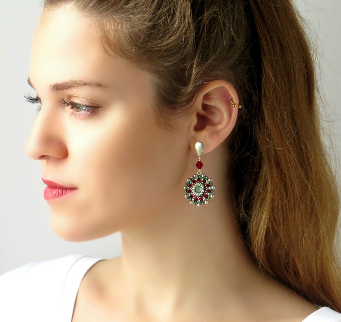 Stud Dangle Silver Earrings Green and Red Swarovski Crystal Etsy UK