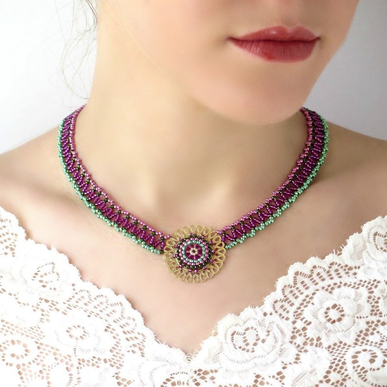 Pink and Green Beaded Mandala Jewelry Sets Just necklace
