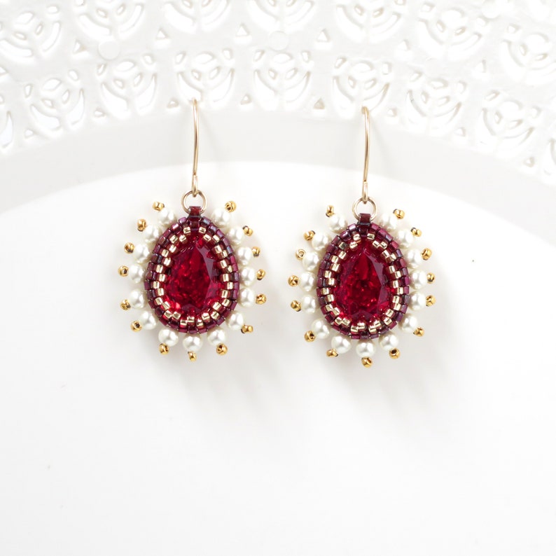 Swarovski crystal teardrop earrings, Turquoise and peach earring, Victorian style jewelry, Wife gift idea, Fashion earrings for women Red