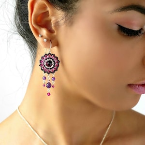 Boho chandelier earrings, Amethyst earring silver, Purple swarovski crystal earrings, Special occasion beaded jewelry, Gift for wife