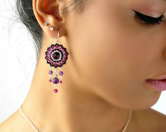 Boho chandelier earrings, Amethyst earring silver, Purple swarovski crystal earrings, Special occasion beaded jewelry, Gift for wife