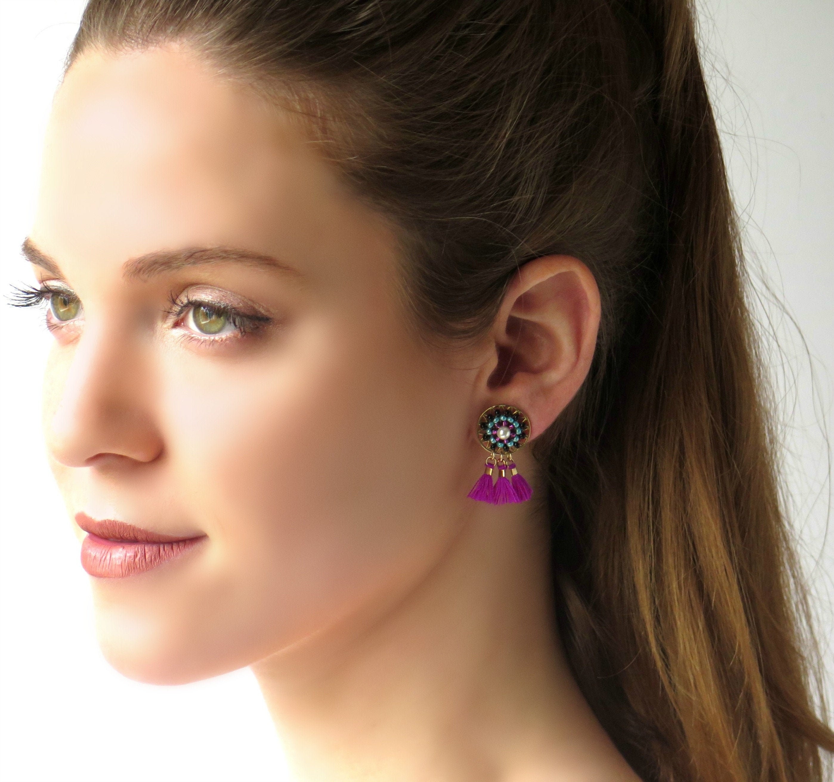 Tassel Stud Earrings Funky Earrings Studs Pink and Black