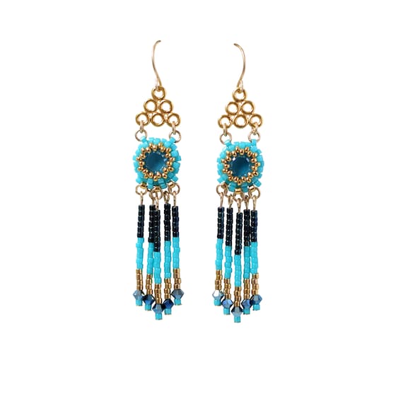 Blue and gold tassel earrings deals