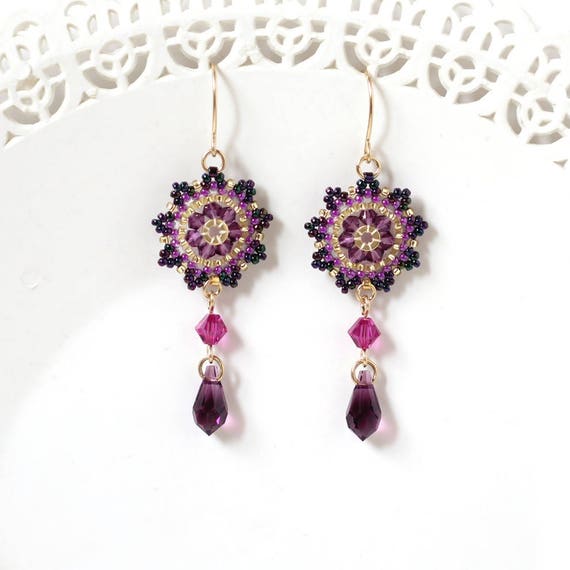 Purple Beaded Earrings Swarovski Crystal Handmade Beaded | Etsy