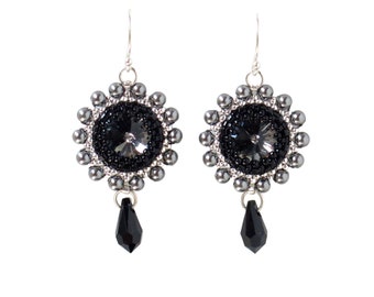 Black silver earrings, Black drop dangle earrings, Swarovski crystal earrings, Handamde beaded earring, Formal earring