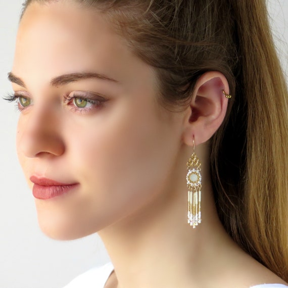 Boho bridal earrings White bead tassel earrings Bead fringe earrings for bride Gold and white long earring Bohemian wedding jewelry