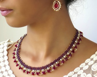 Komplet biżuterii z kryształów i pereł Swarovskiego, Czerwony naszyjnik i kolczyki, Ręcznie robione zestawy biżuterii z koralików, Naszyjniki ślubne dla kobiet