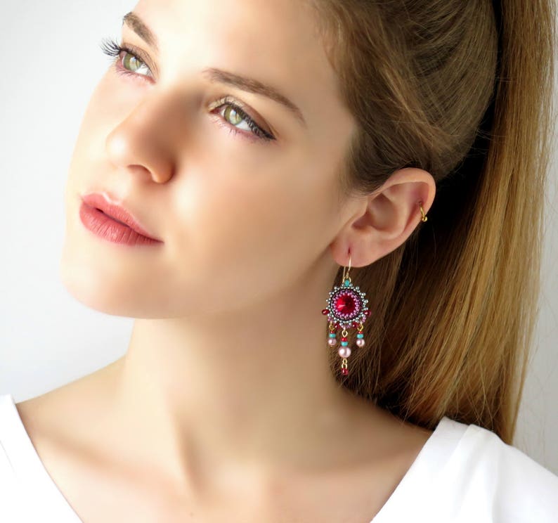 Statement chandelier earrings, Swarovski crystal dangle earrings, Colorful drop earrings, Turquoise and red beaded earrings, Party earrings image 3