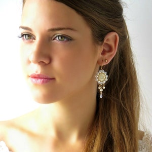 Wedding chandelier earrings, Pearls statement earrings, Jewelry for wedding party, Swarovski crystal earrings, White & gold dangle earrings